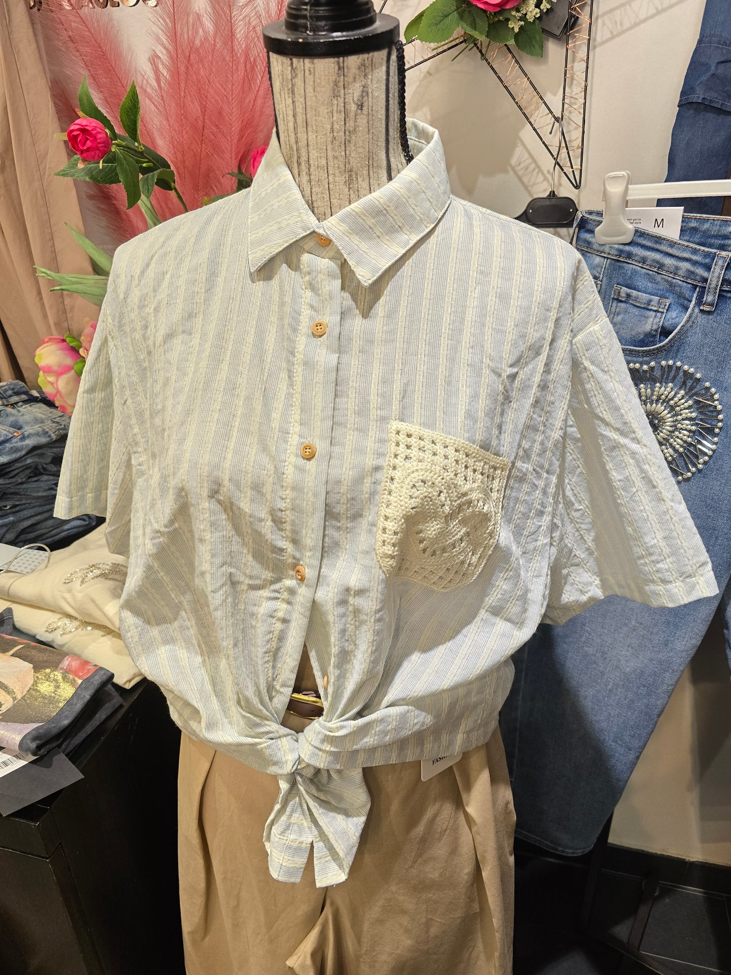 Camicia righe con taschino macrame'
