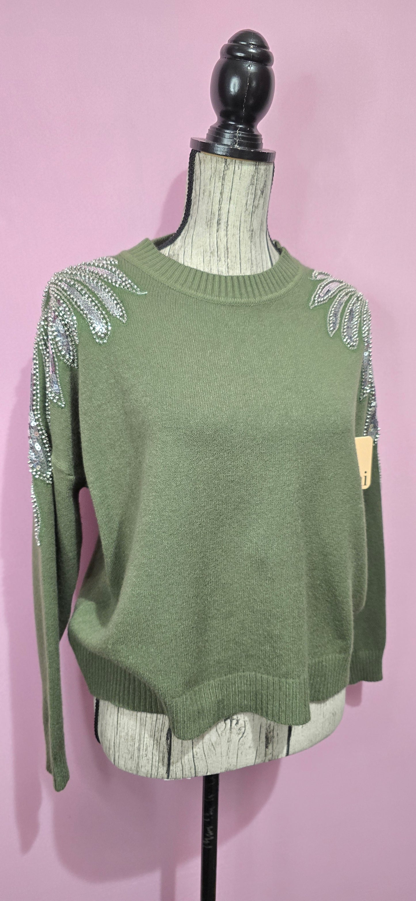 Pull decorazione strass verde foglia
