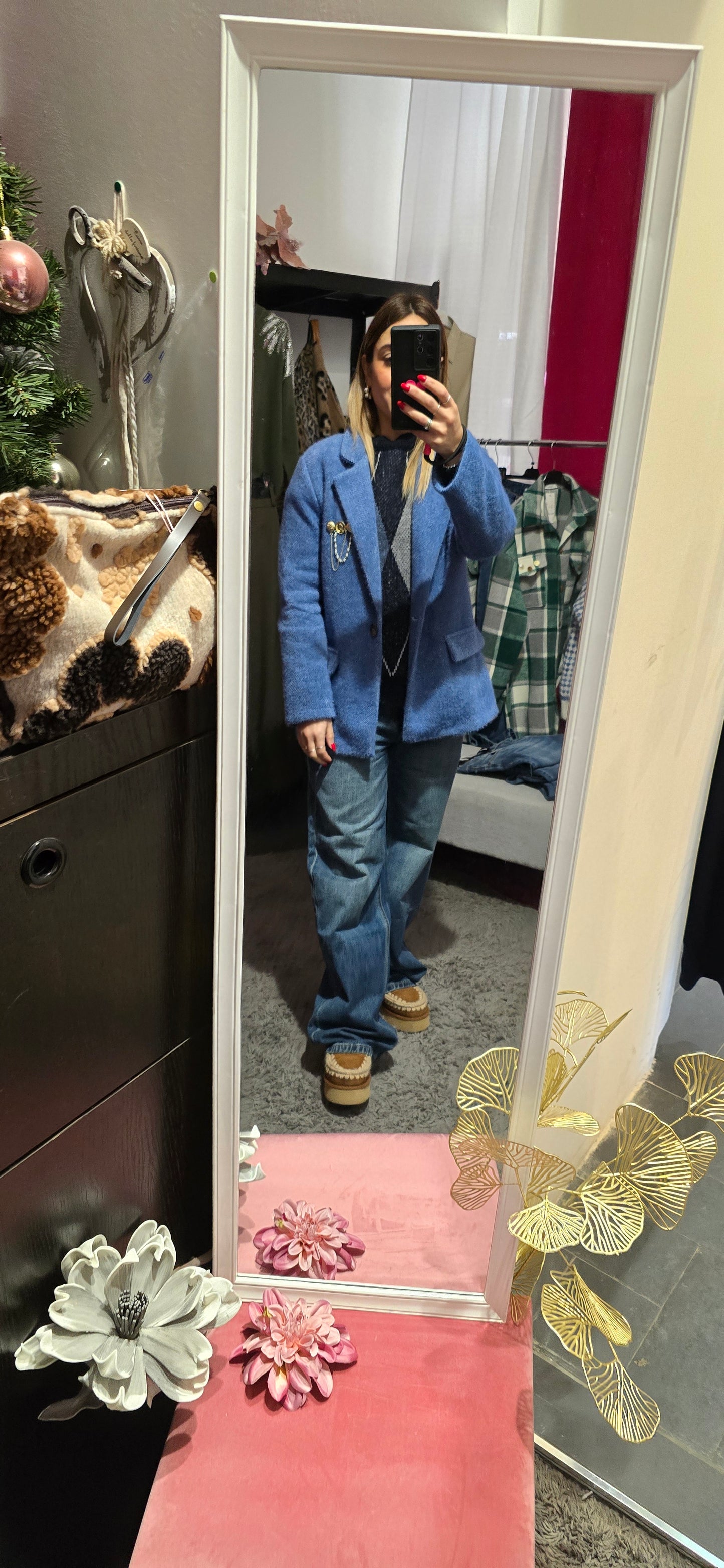 Blazer spazzolato celeste con spilla