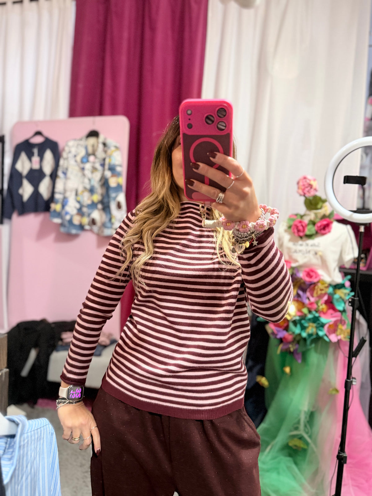 Maglioncino righe Borgogna e rosa