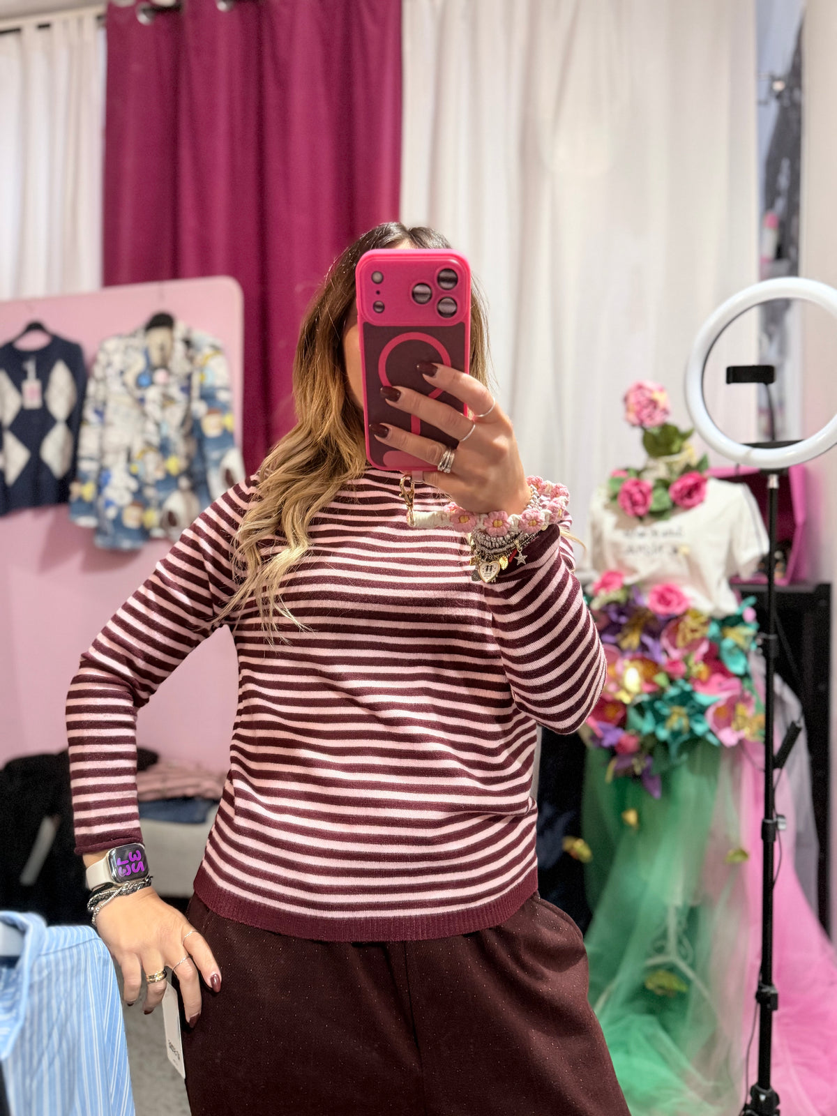 Maglioncino righe Borgogna e rosa