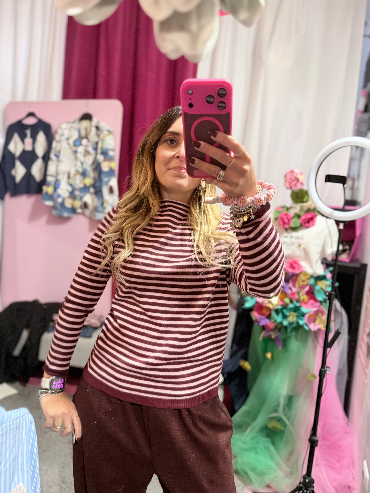 Maglioncino righe Borgogna e rosa