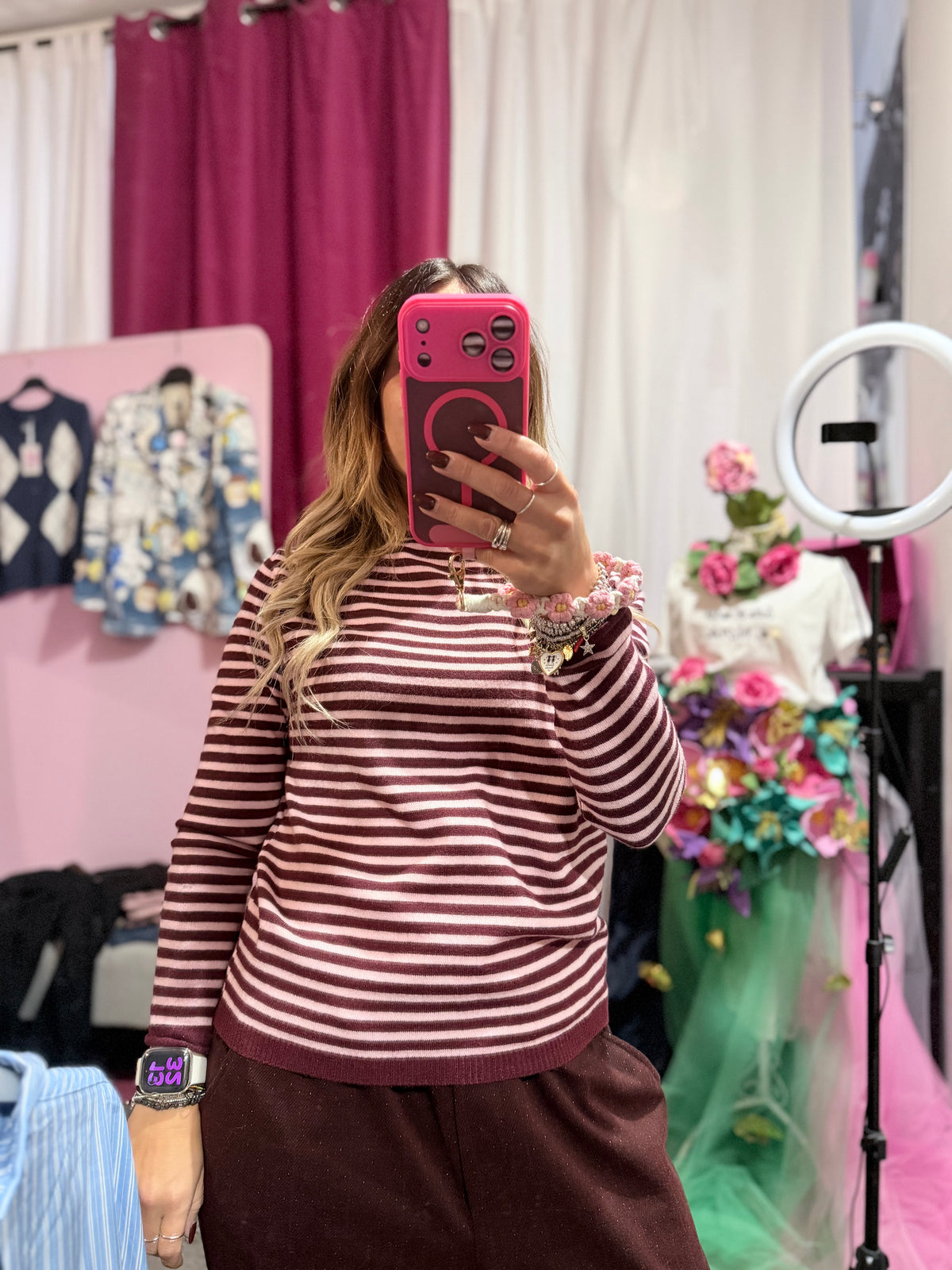 Maglioncino righe Borgogna e rosa