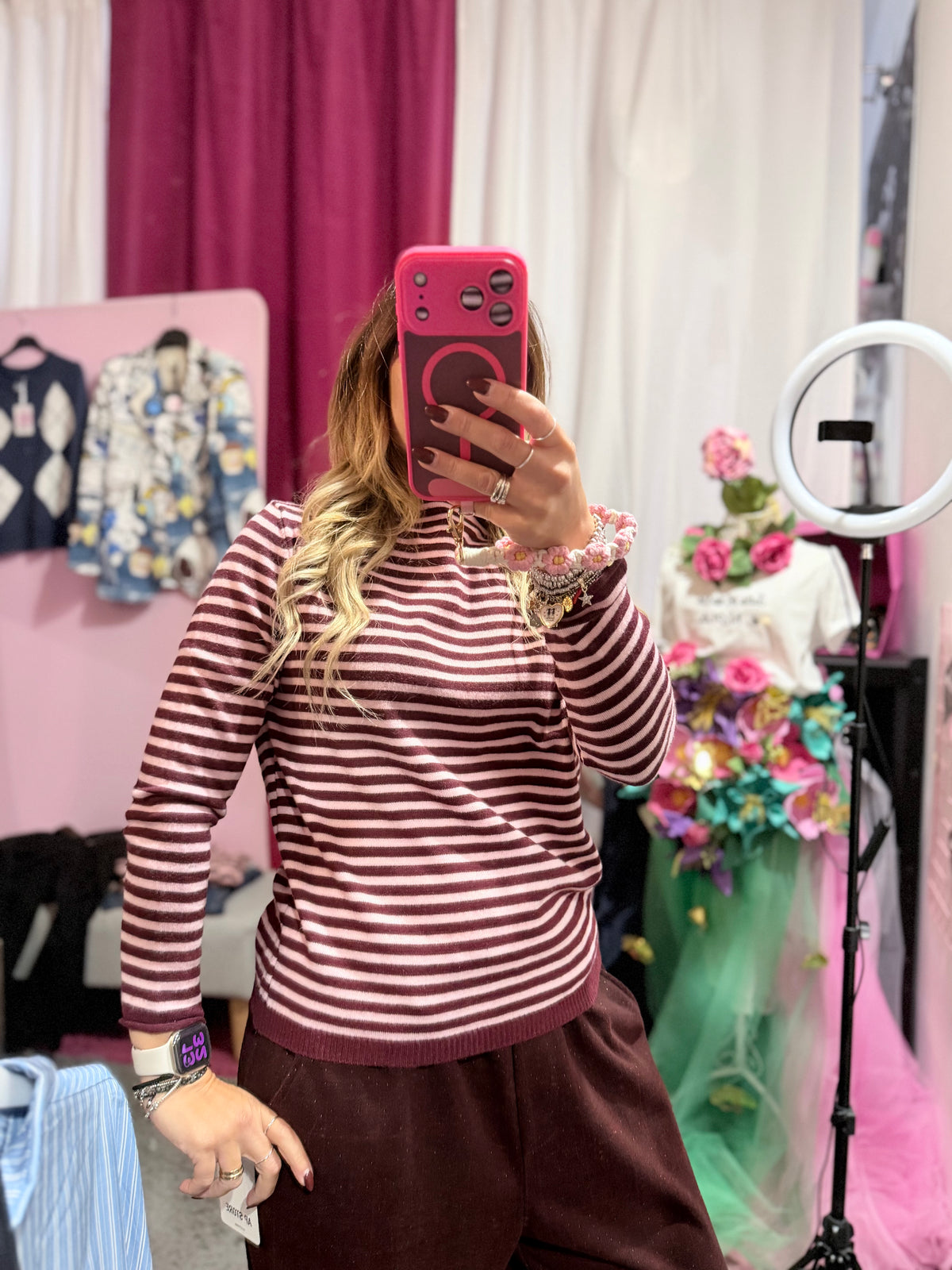 Maglioncino righe Borgogna e rosa