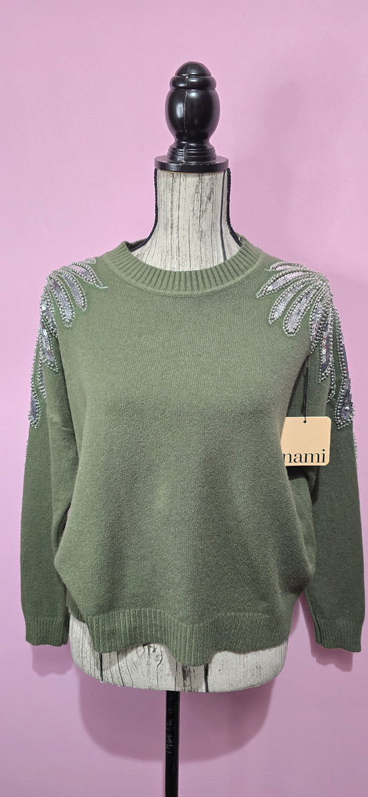 Pull decorazione strass verde foglia