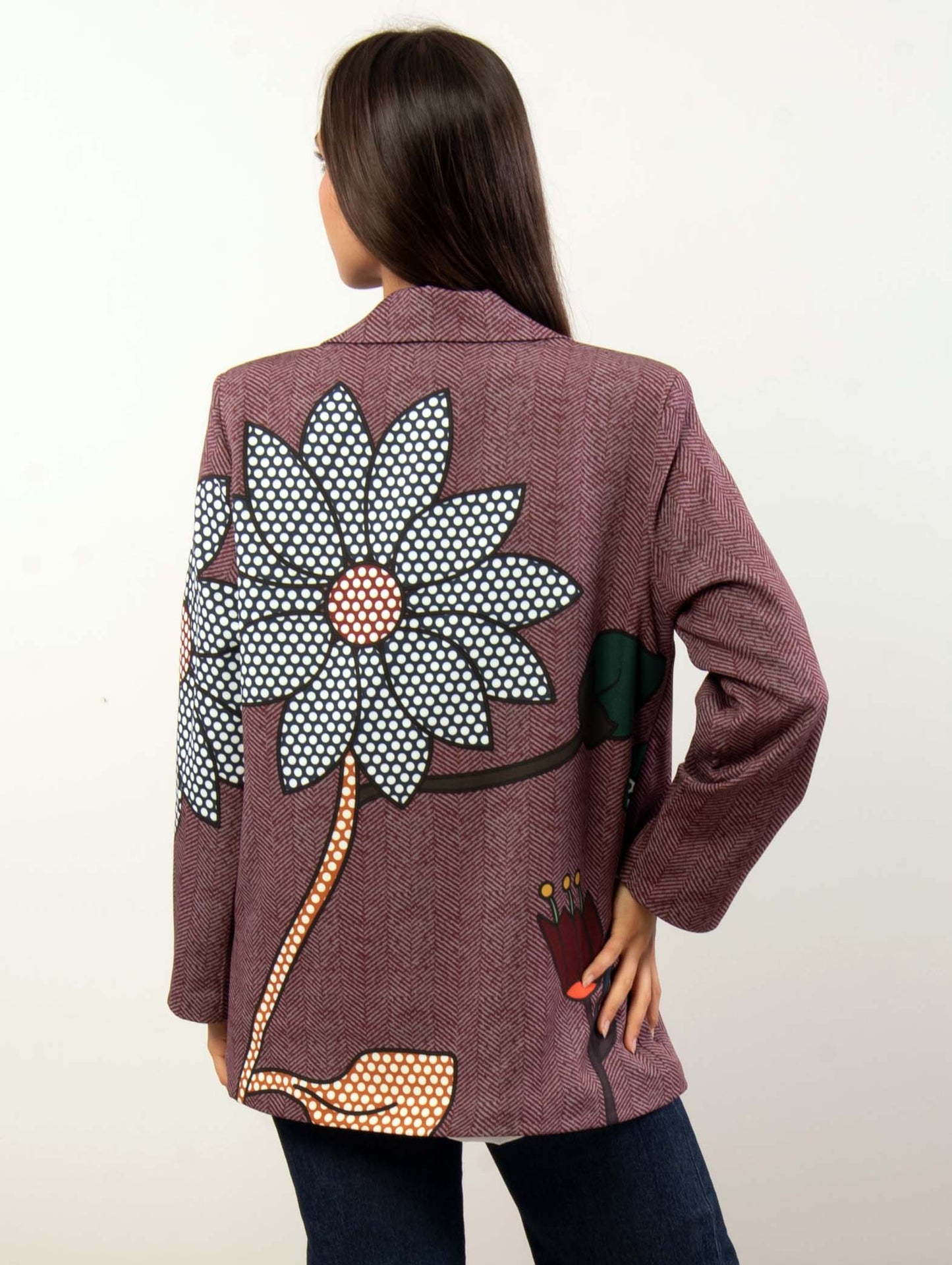 Blazer spigato con fantasia fiori bordeaux