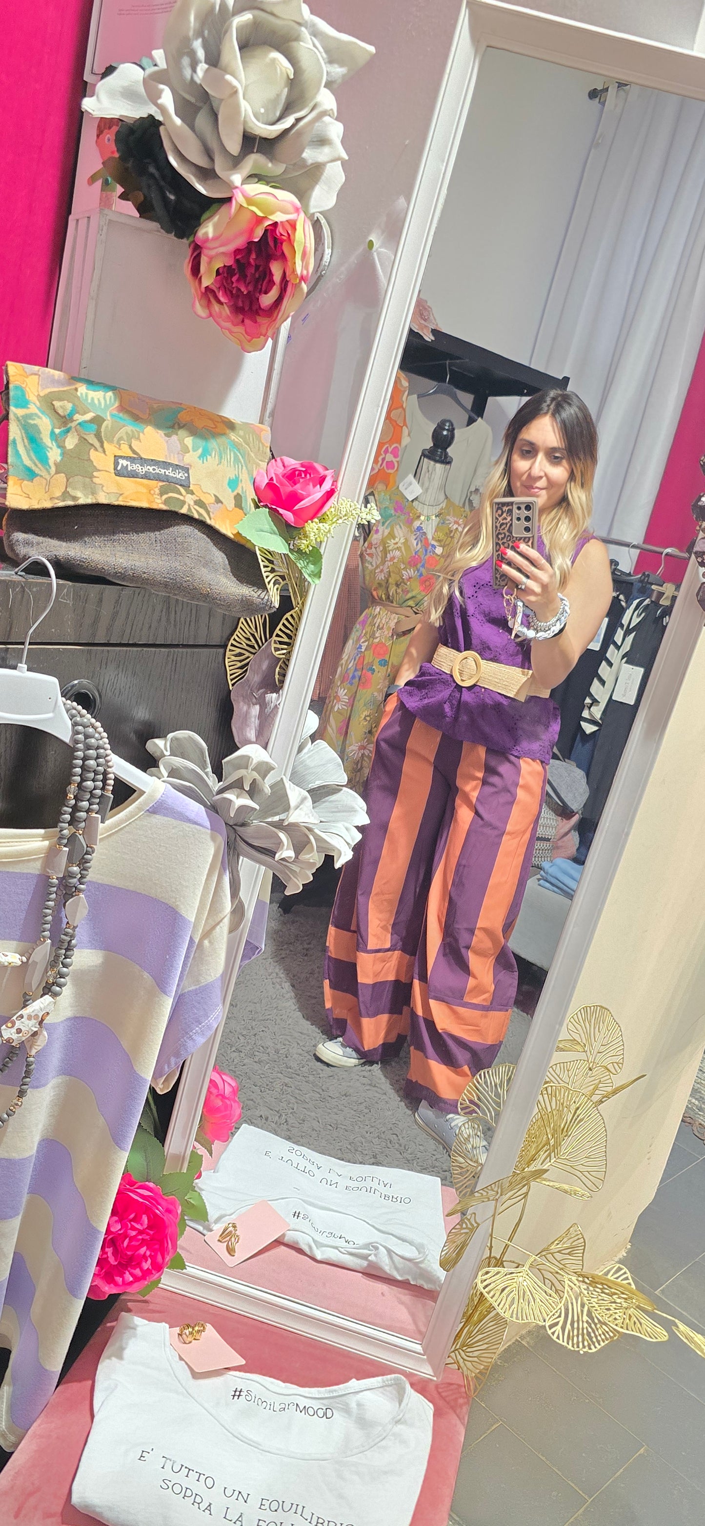 Pantalone righe viola arancio