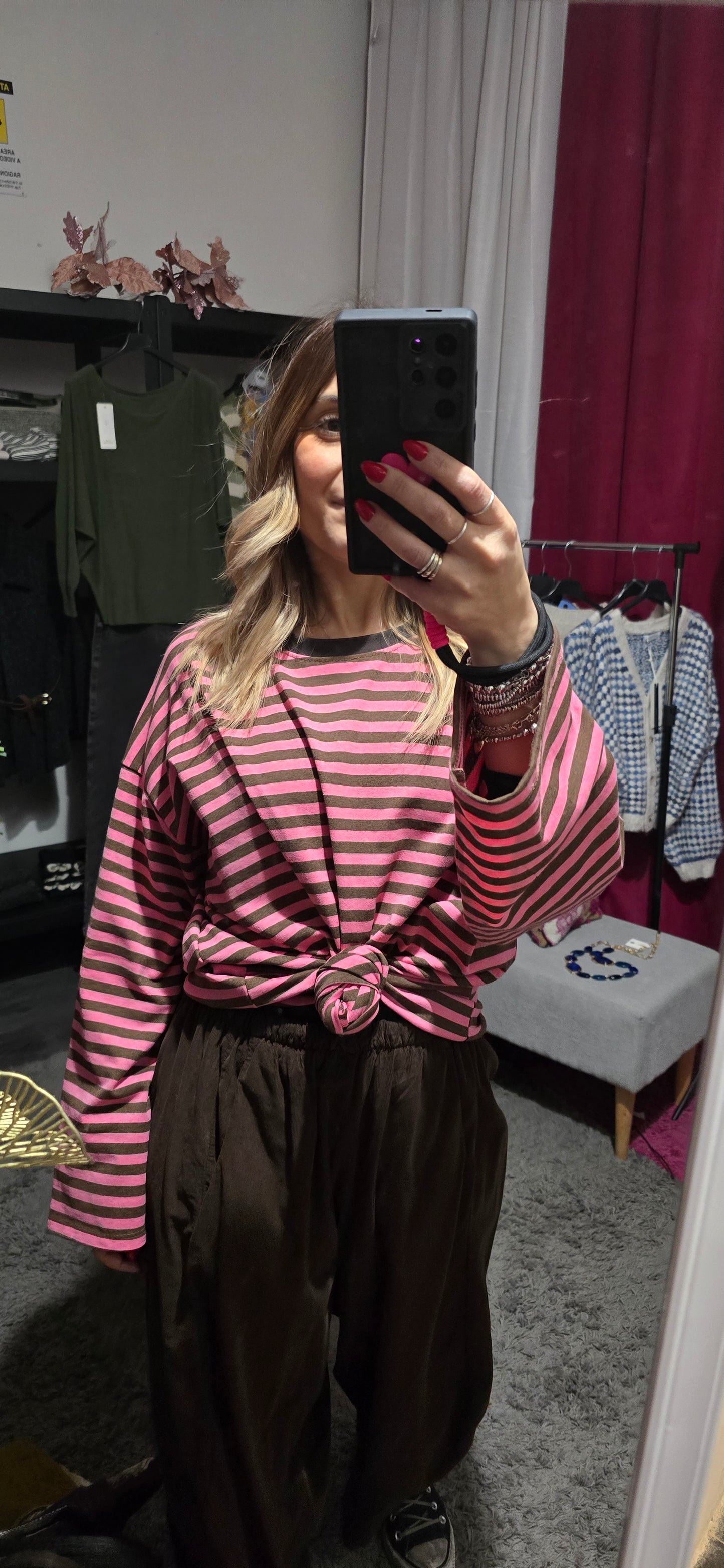 Maglia over righe cotone fucsia