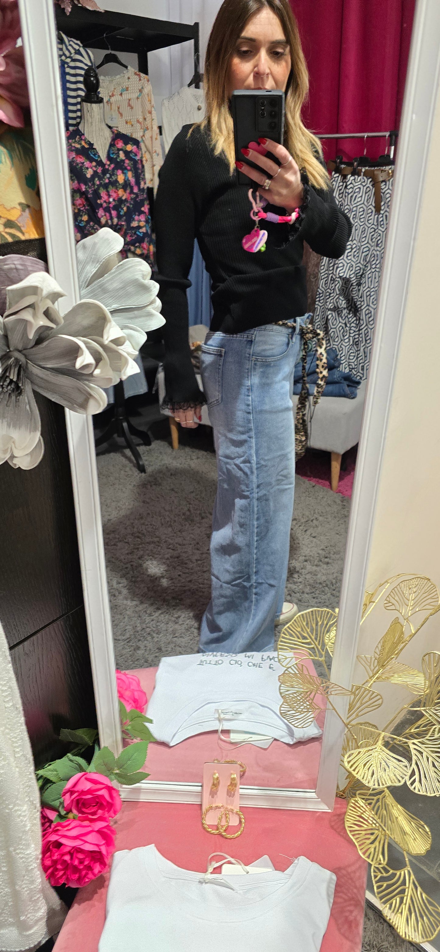 Jeans palazzo con cinturino animalier