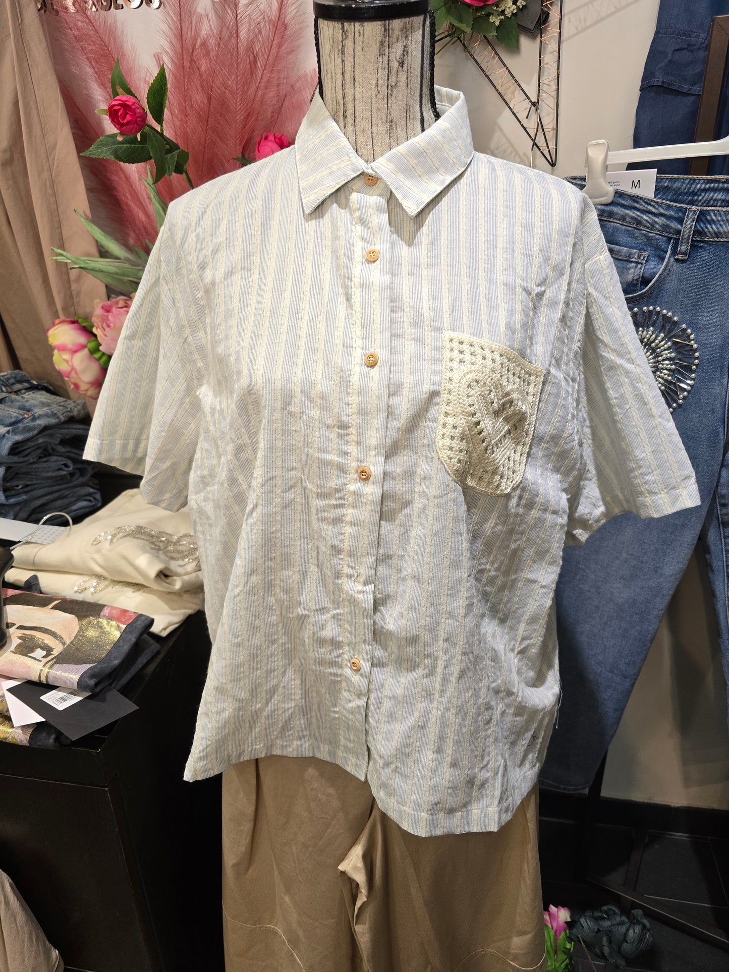 Camicia righe con taschino macrame'