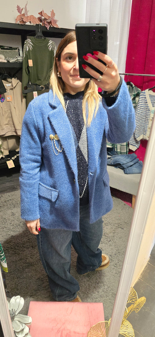 Blazer spazzolato celeste con spilla