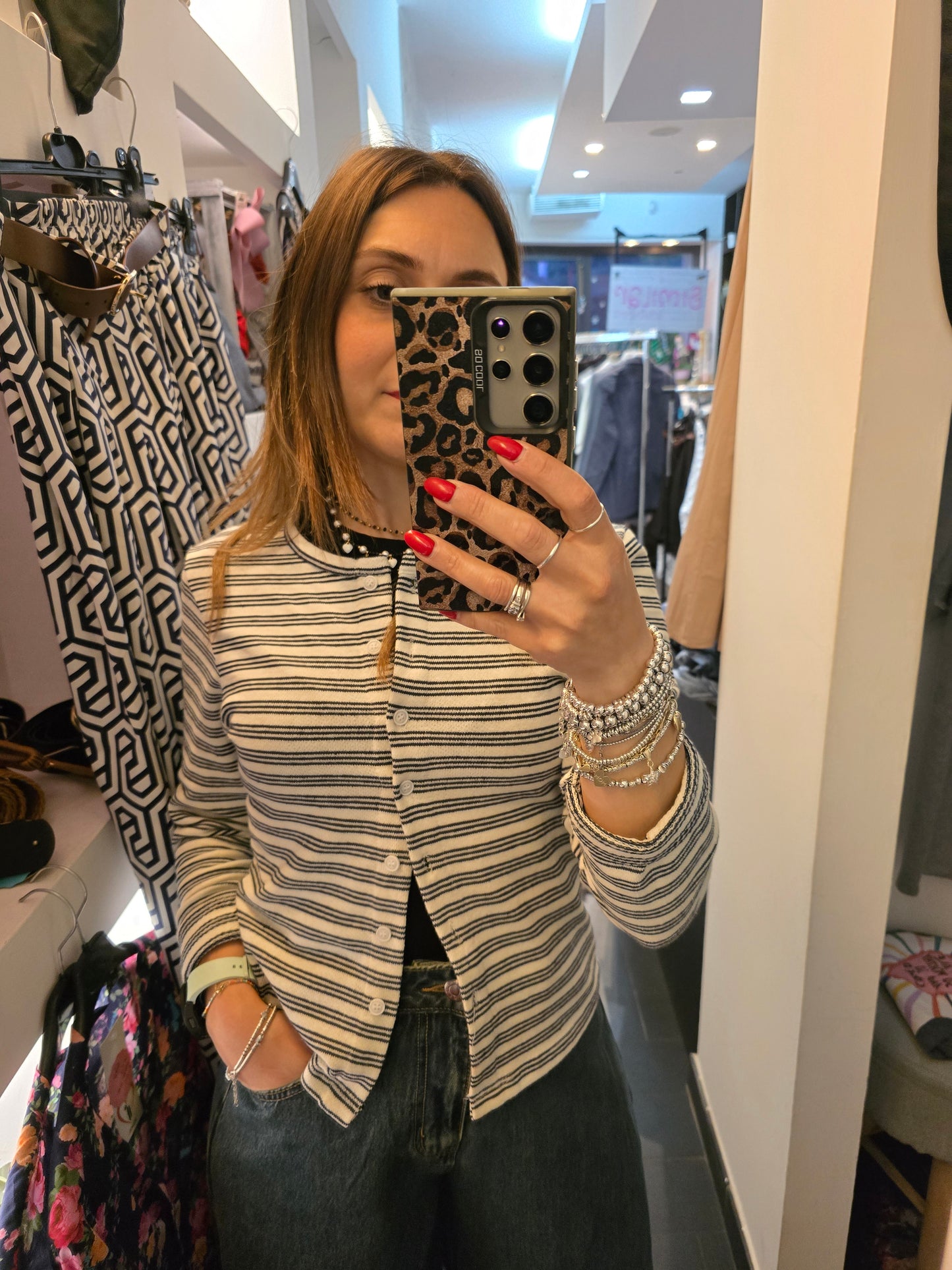 Cardigan righe panna blu
