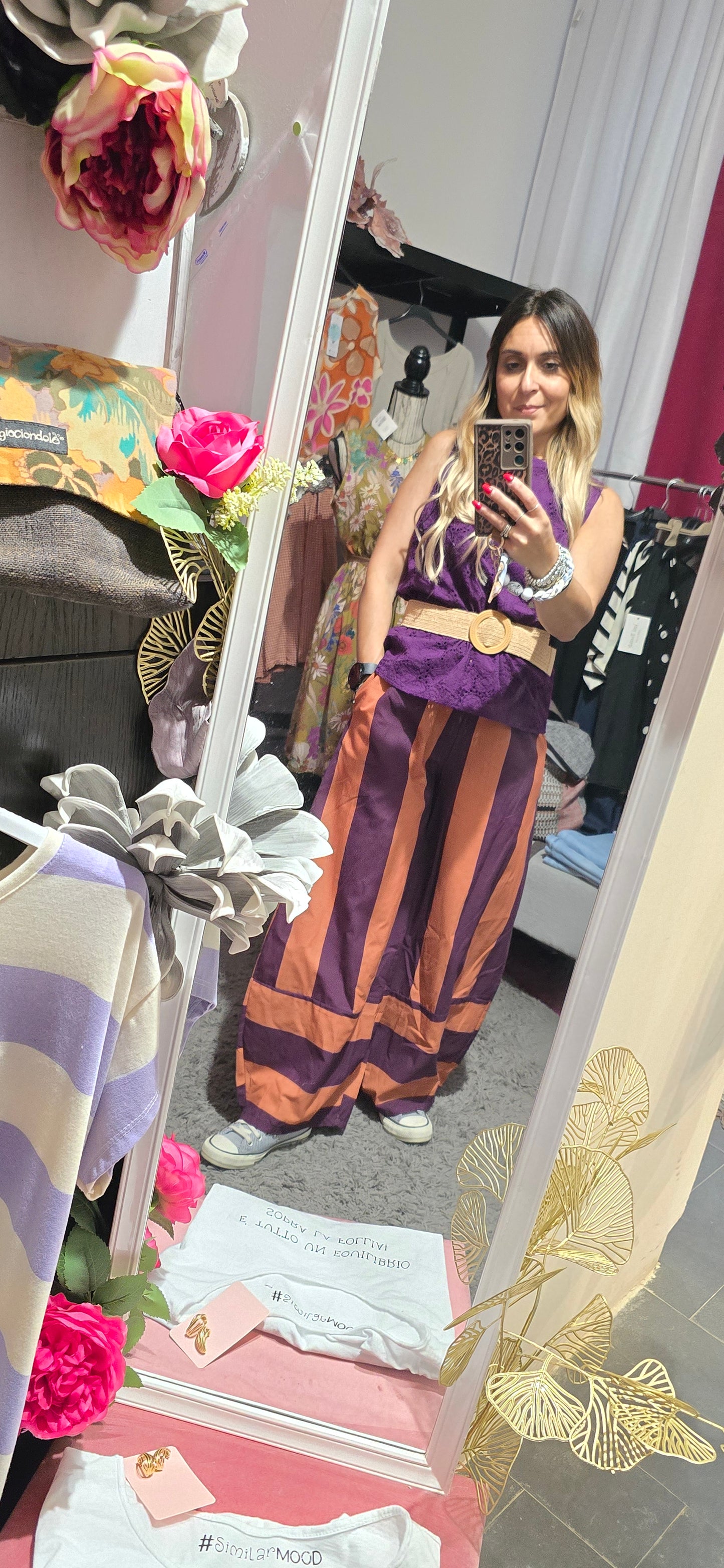Pantalone righe viola arancio
