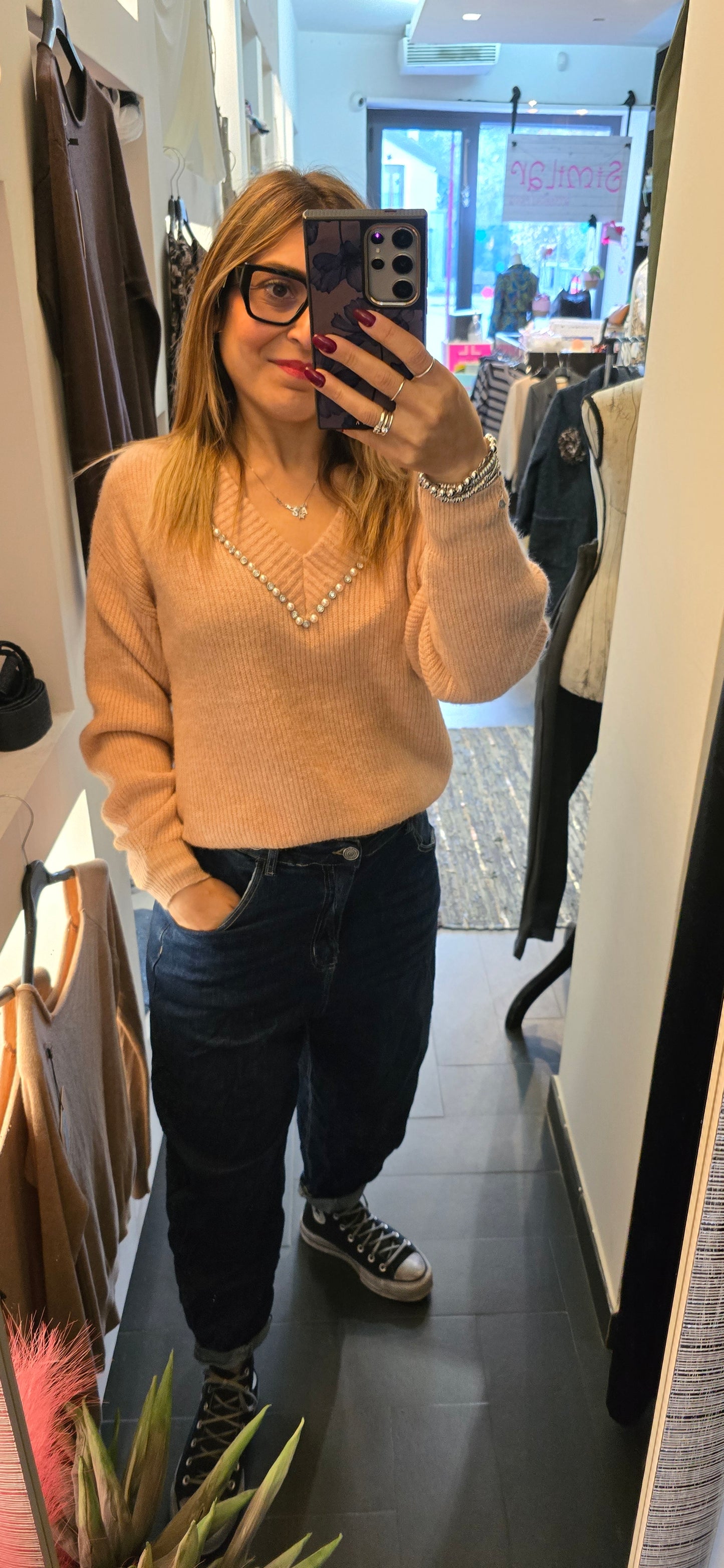 Pull perle e strass peach