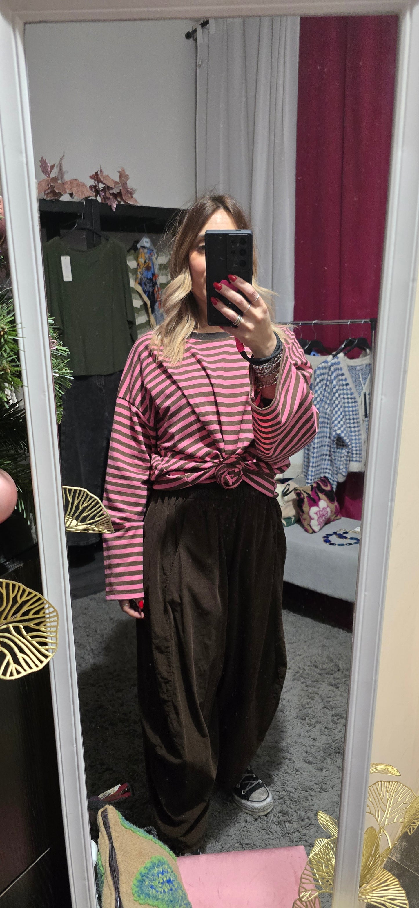 Maglia over righe cotone fucsia