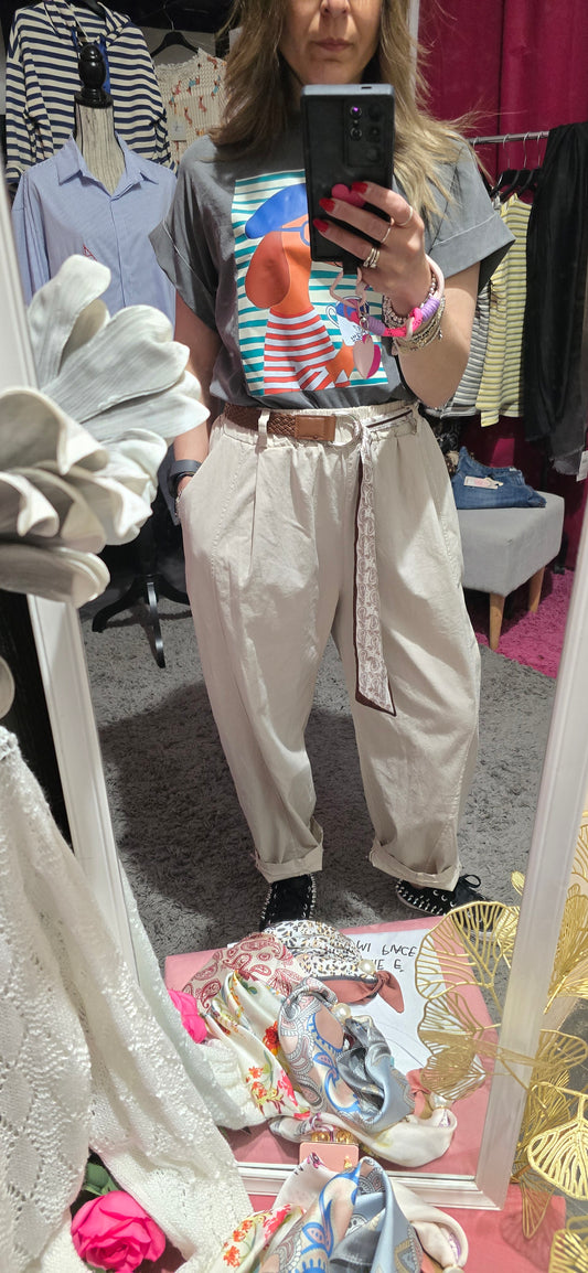 Pantalone panna con cinturino foulard