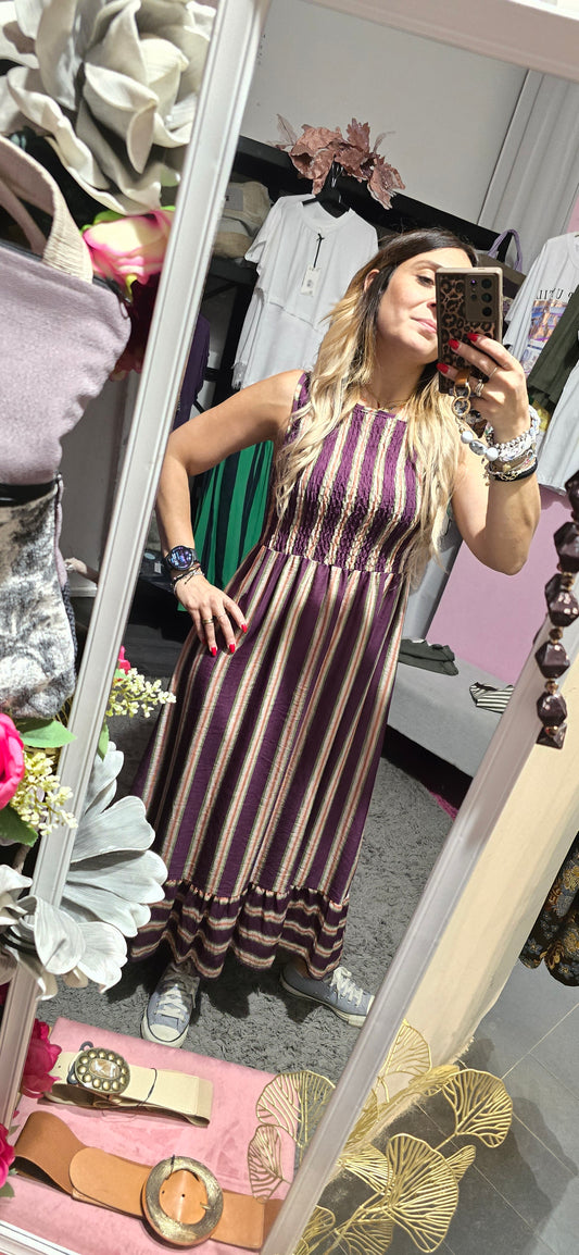 Vestito righe prugna