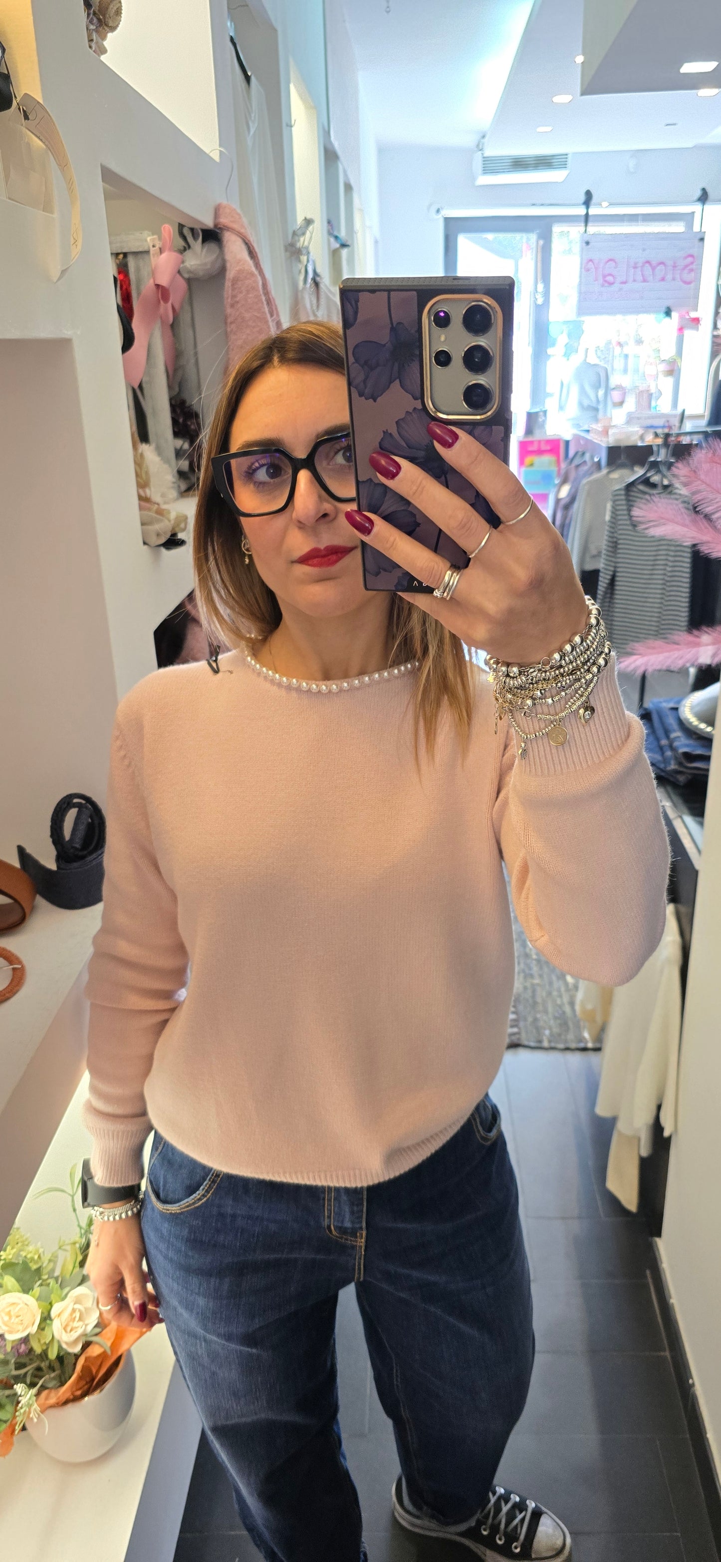 Pull decorazioni perle rosa