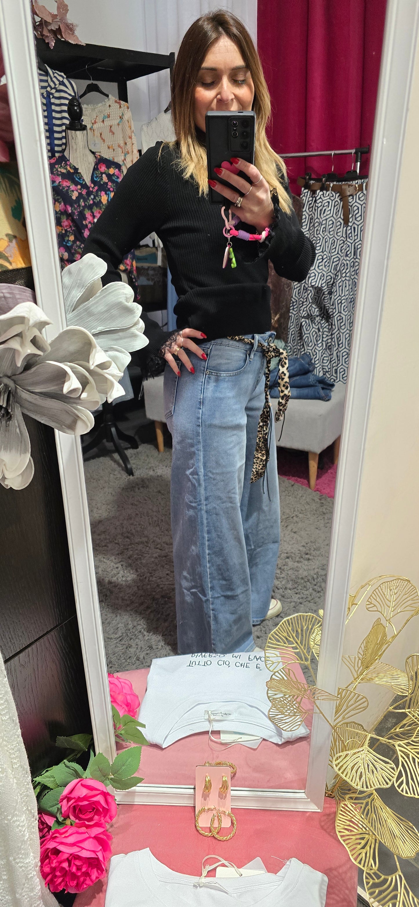 Jeans palazzo con cinturino animalier
