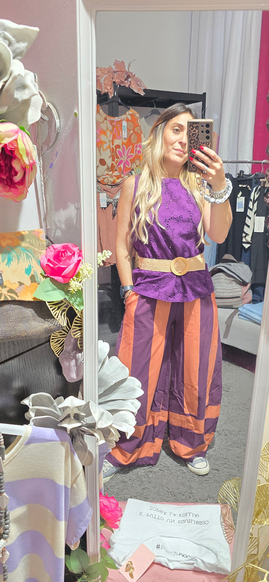 Pantalone righe viola arancio