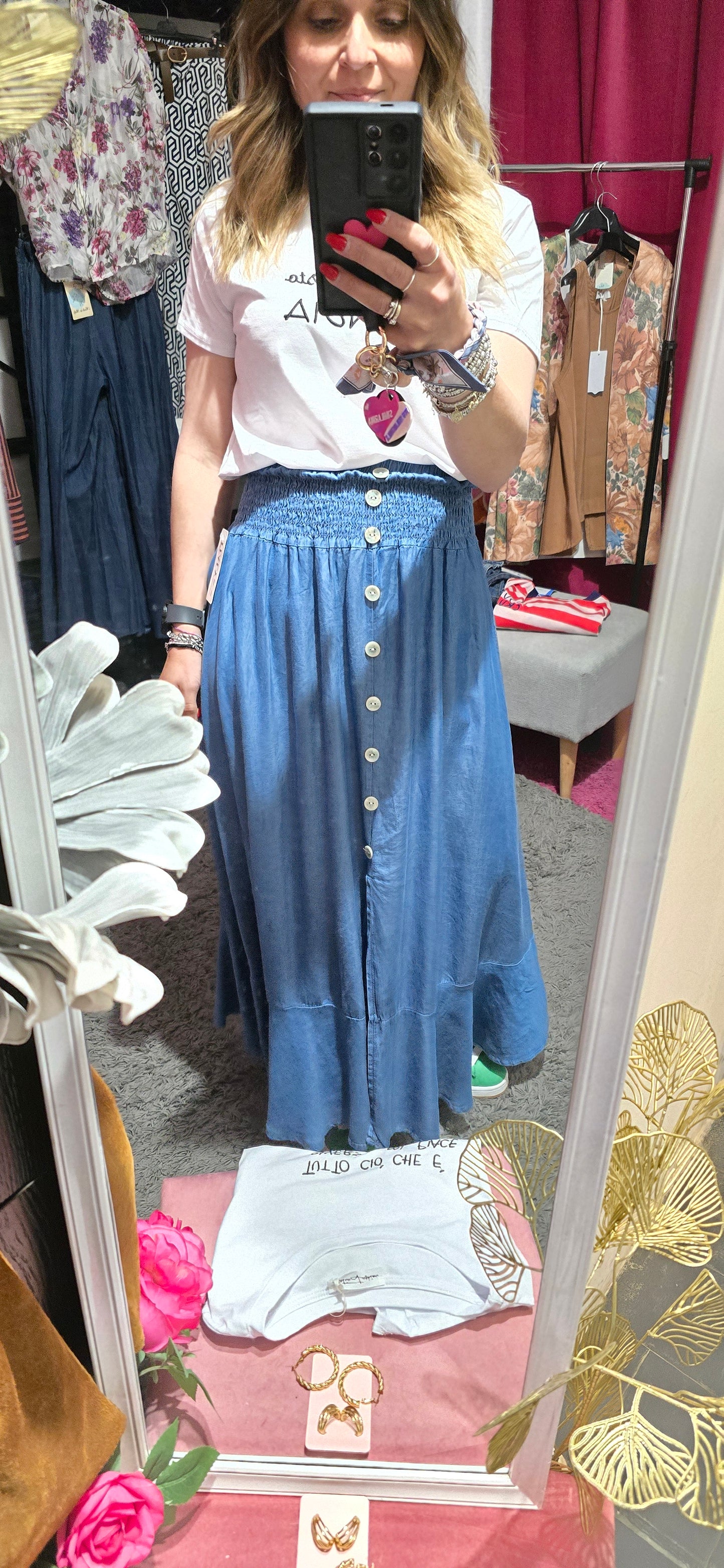 Gonna jersey jeans con bottoni