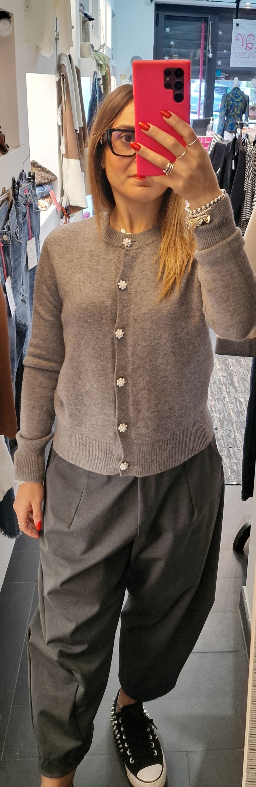 Cardigan bottoni perle grigio