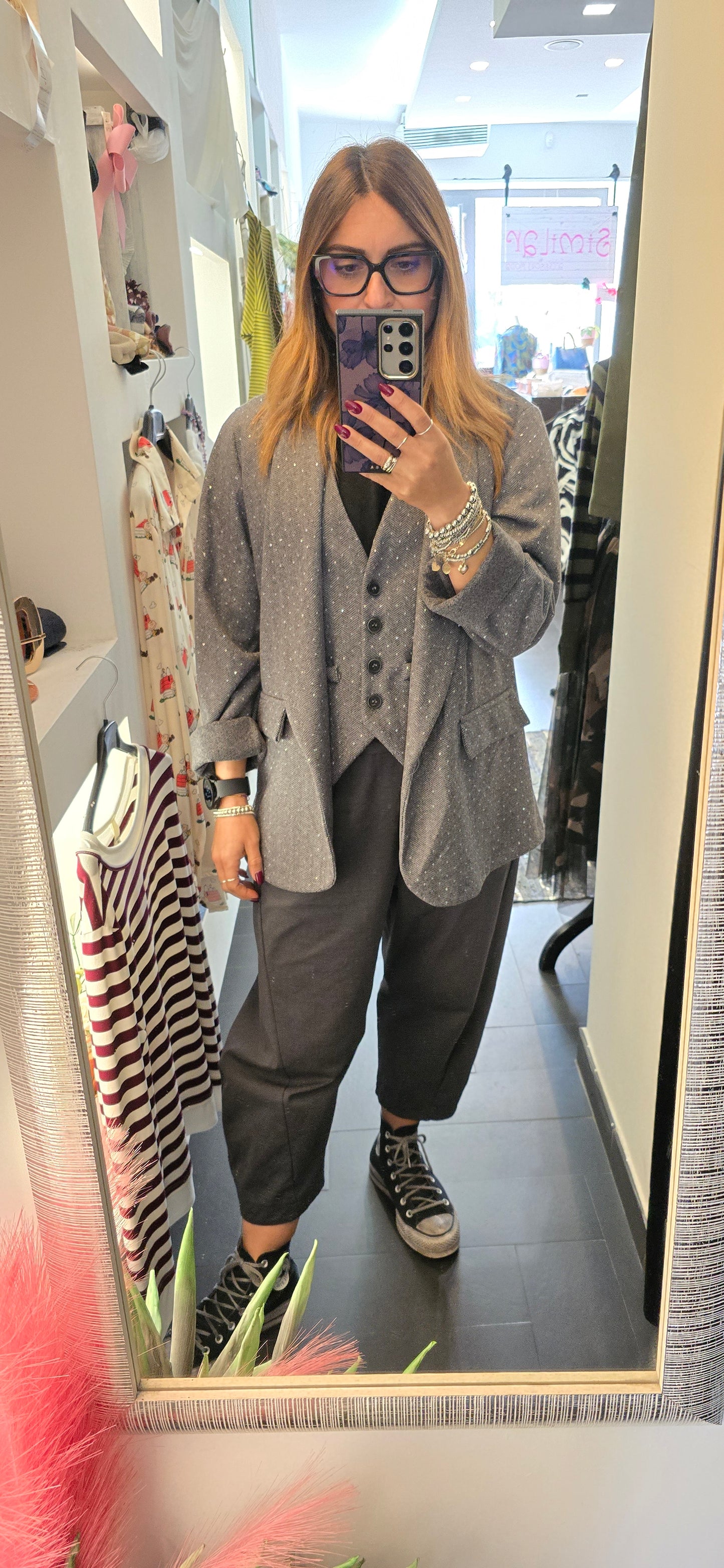 Blazer spazzolato grigio con mini strass