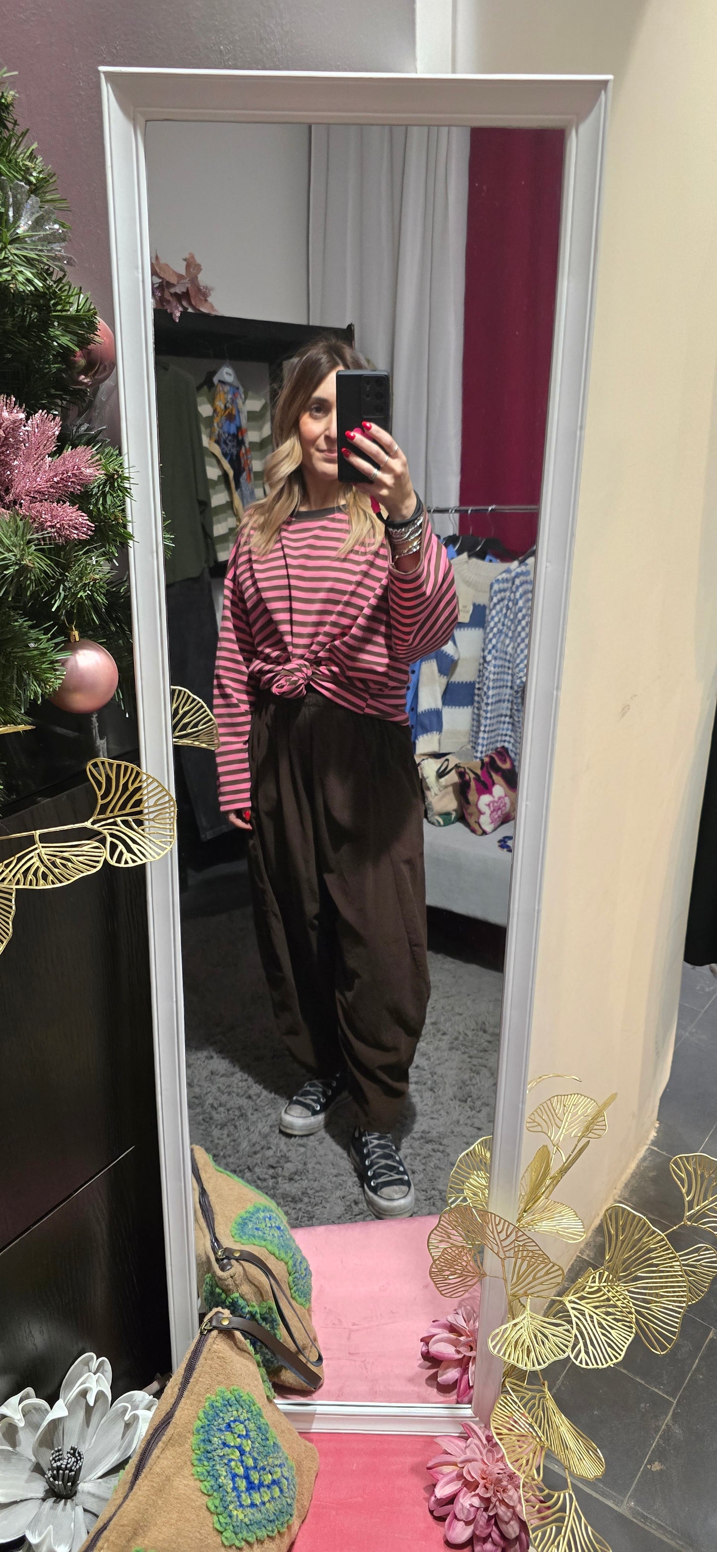 Maglia over righe cotone fucsia