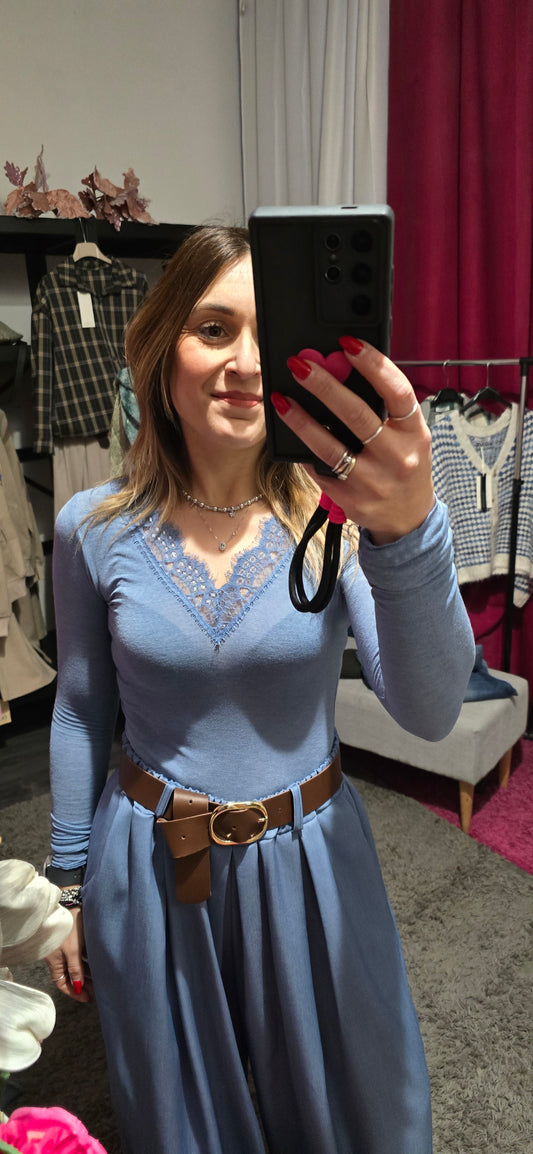 Magliettina misto cashmere pizzo jeans