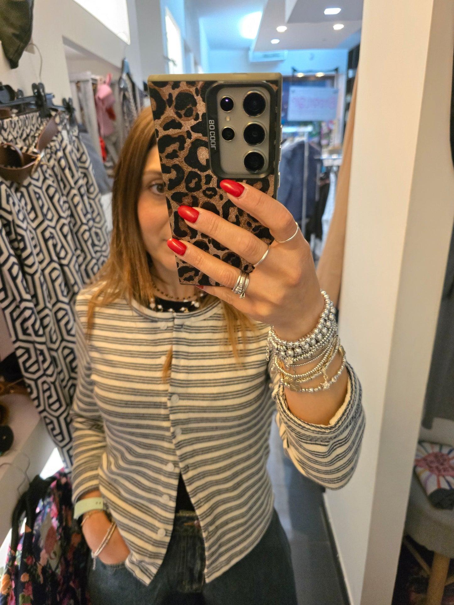 Cardigan righe panna blu