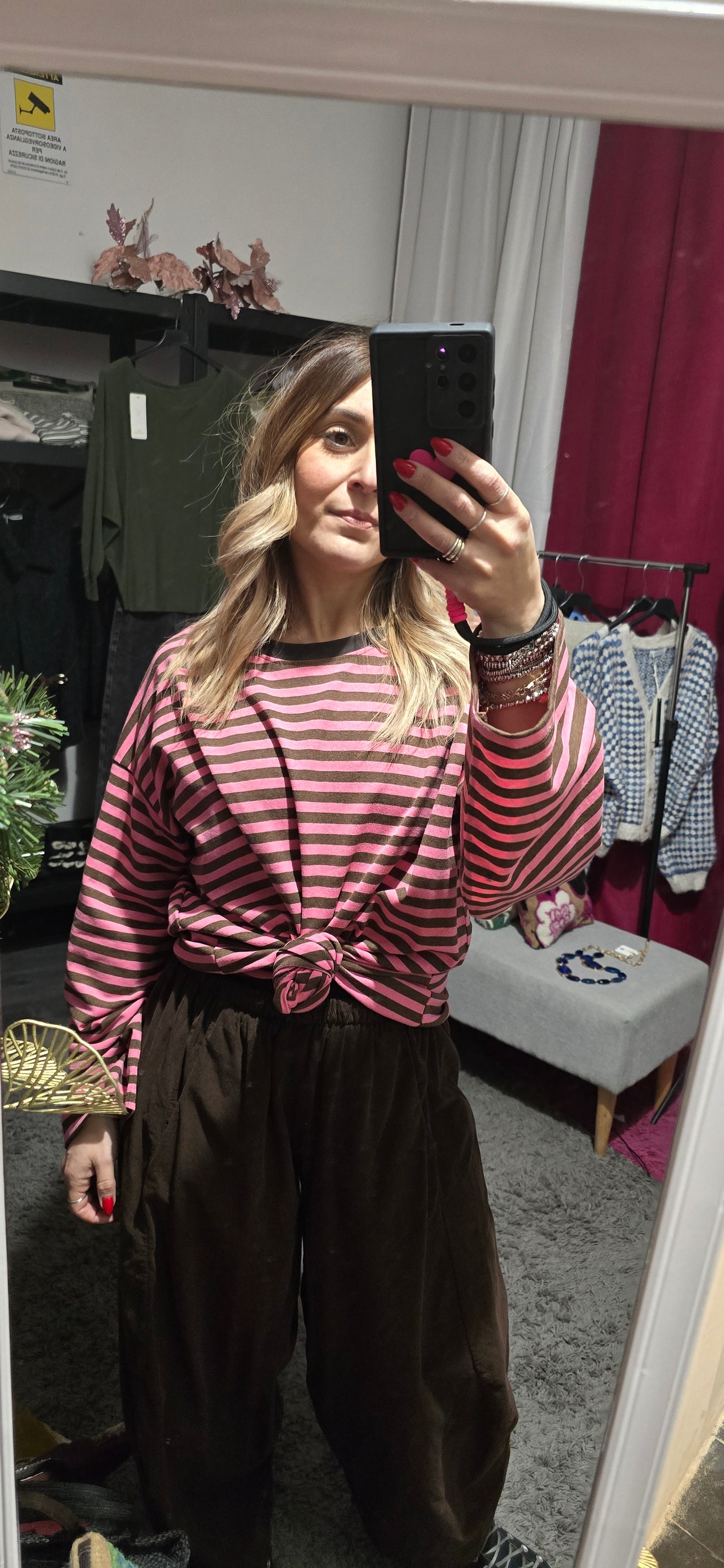 Maglia over righe cotone fucsia