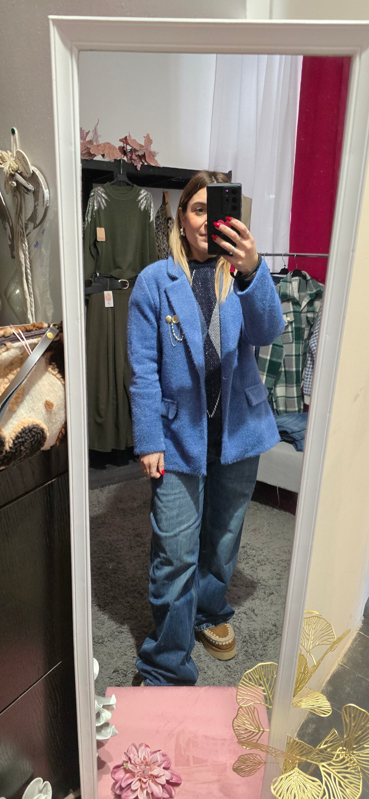 Blazer spazzolato celeste con spilla