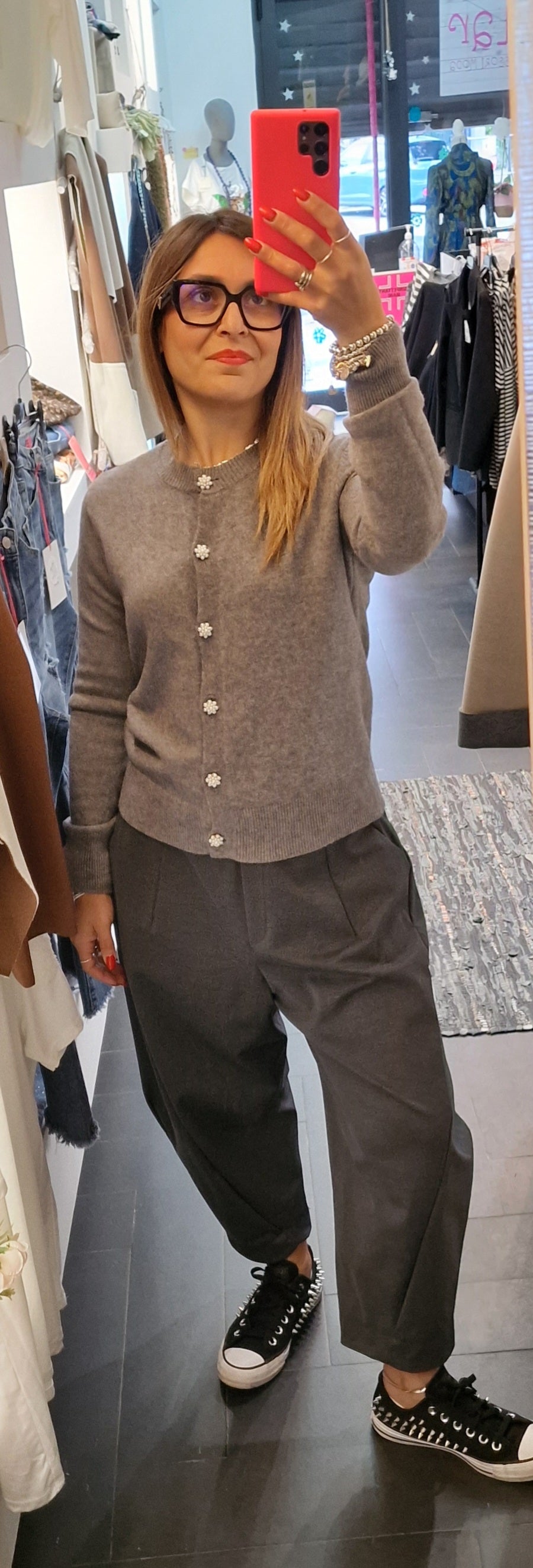 Cardigan bottoni perle grigio