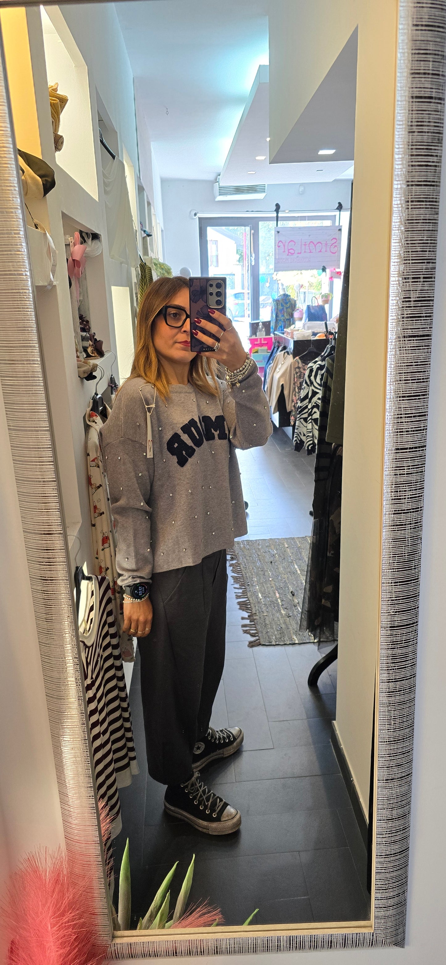 Pull strass amour grigio