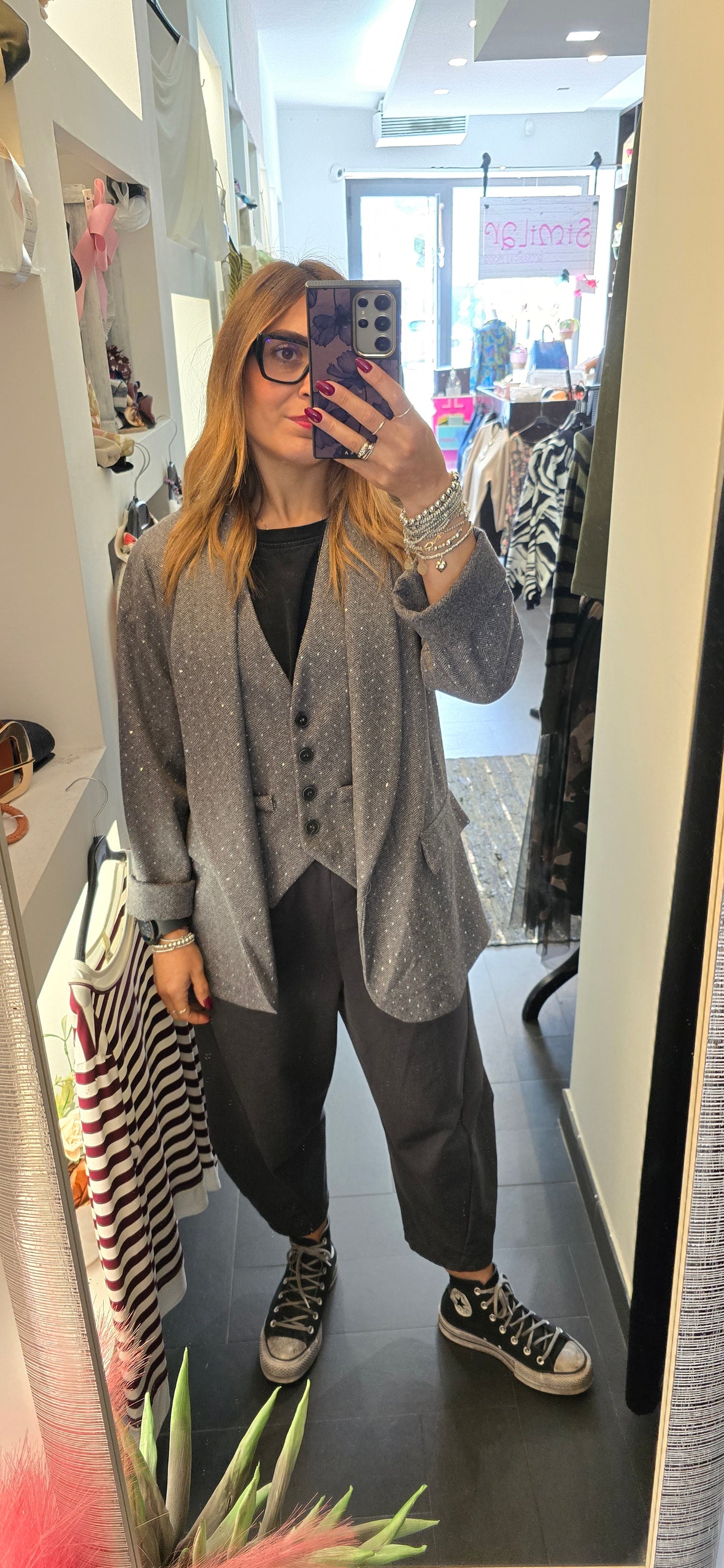 Blazer spazzolato grigio con mini strass