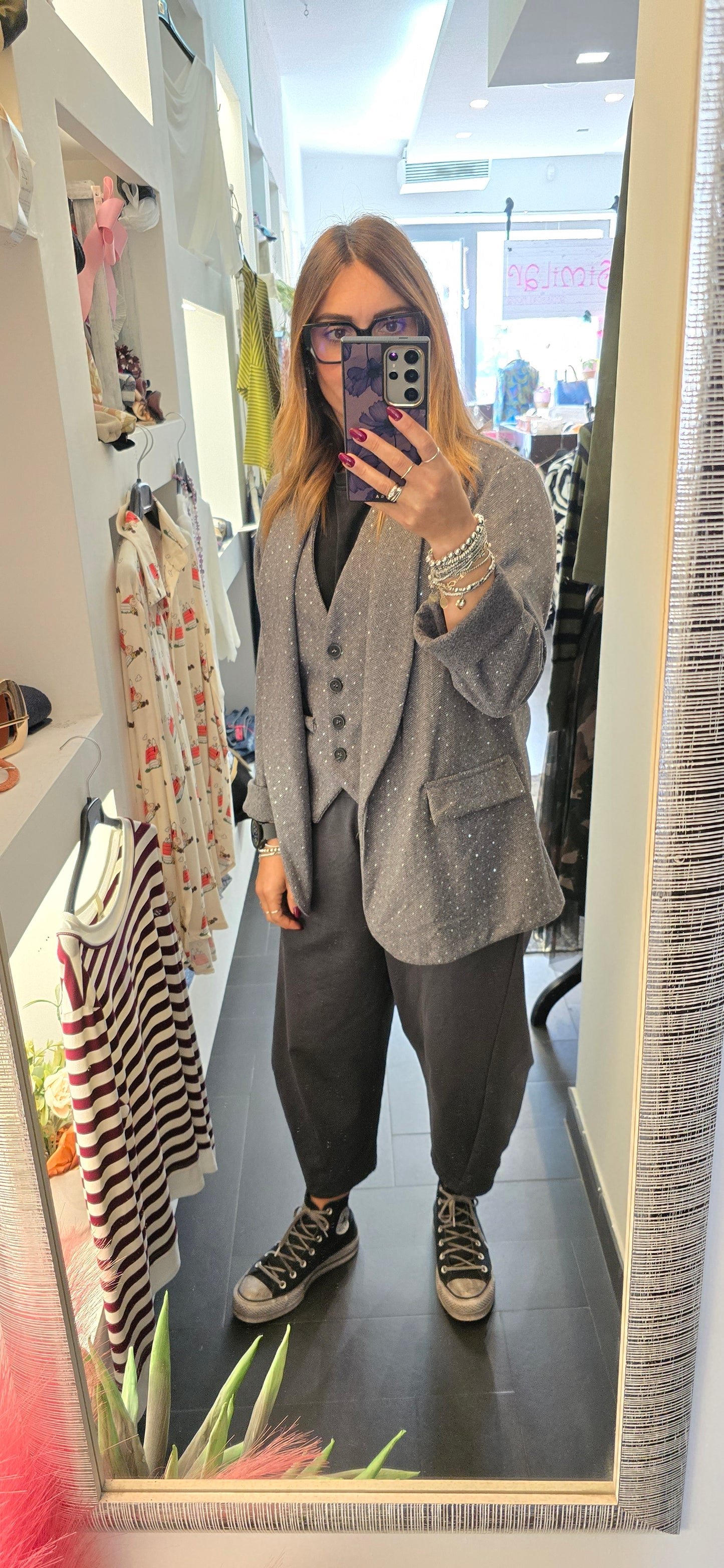 Blazer spazzolato grigio con mini strass