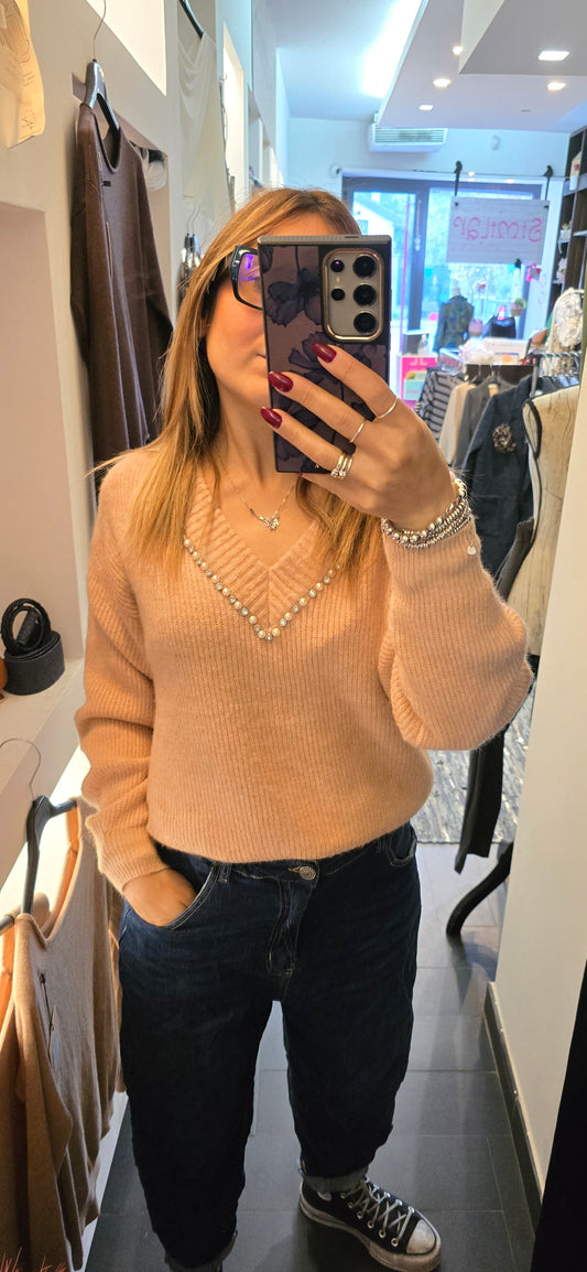 Pull perle e strass peach